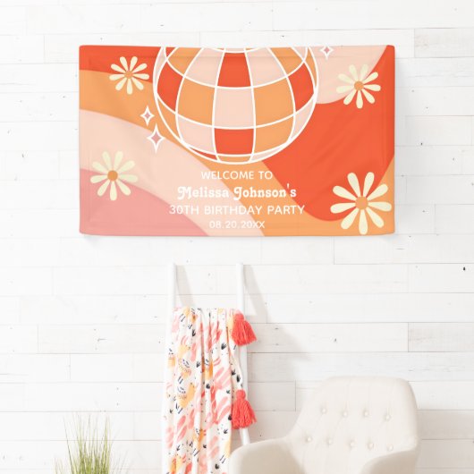 Retro Groovy Wave Disco Ball Daisy Roze Verjaardag Spandoek (Insitu)