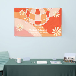 Retro Groovy Wave Disco Ball Daisy Roze Verjaardag Spandoek