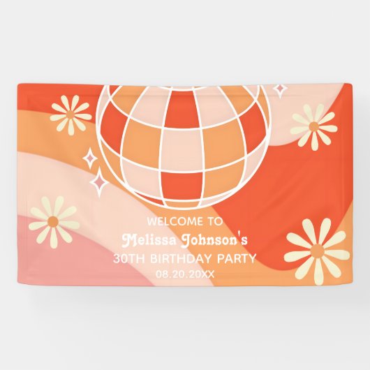 Retro Groovy Wave Disco Ball Daisy Roze Verjaardag Spandoek (Horizontaal)