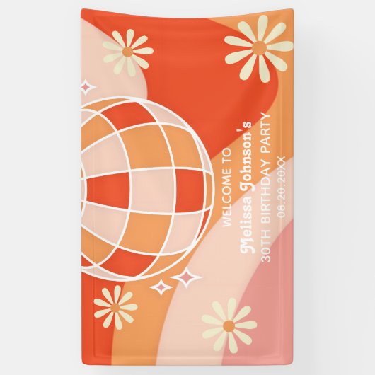 Retro Groovy Wave Disco Ball Daisy Roze Verjaardag Spandoek (Verticaal)