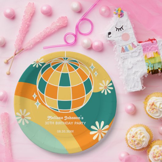 Retro Groovy Wave Disco Ball Daisy Sinaasappel Ver Papieren Bordje (Feest)