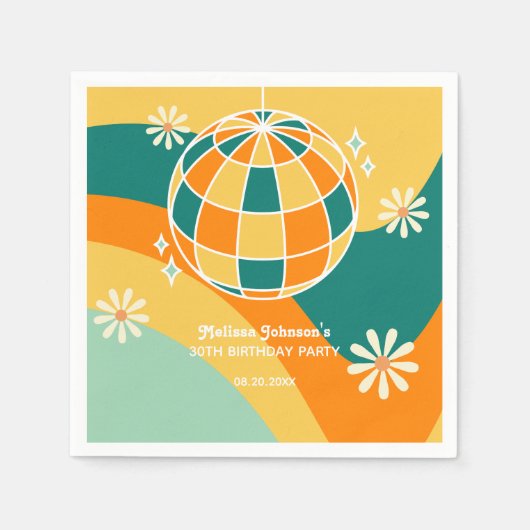 Retro Groovy Wave Disco Ball Daisy Sinaasappel Ver Servet (Voorkant)