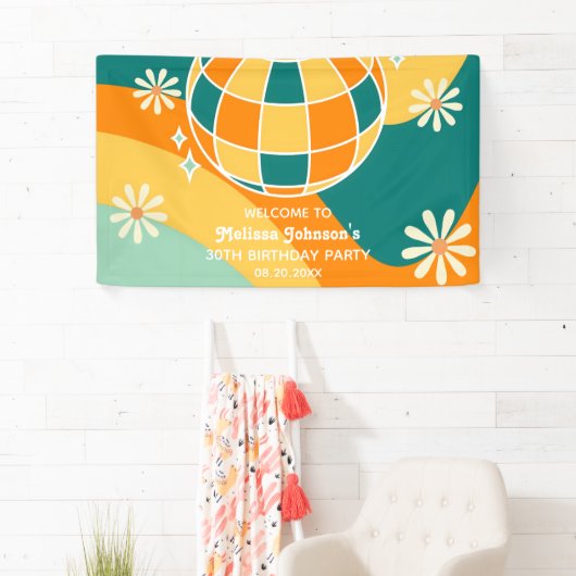 Retro Groovy Wave Disco Ball Daisy Sinaasappel Ver Spandoek (Insitu)