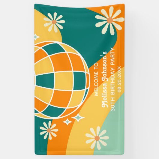 Retro Groovy Wave Disco Ball Daisy Sinaasappel Ver Spandoek (Verticaal)