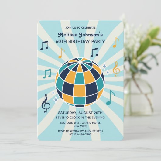 Retro Groovy Wave Disco Ball Musical Blauwe Verjaa Kaart (Staand voorkant)