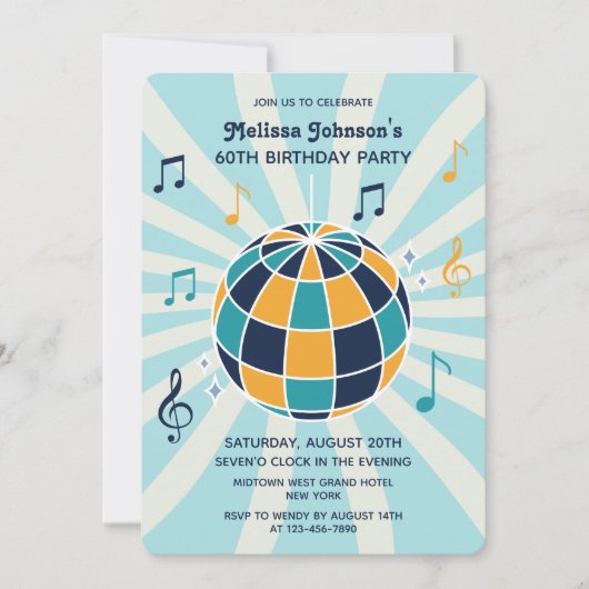 Retro Groovy Wave Disco Ball Musical Blauwe Verjaa Kaart (Voorkant)