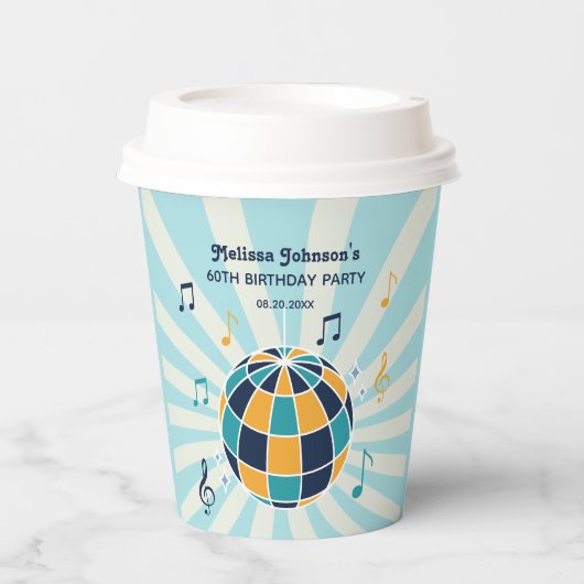 Retro Groovy Wave Disco Ball Musical Blauwe Verjaa Papieren Bekers (Voorkant)