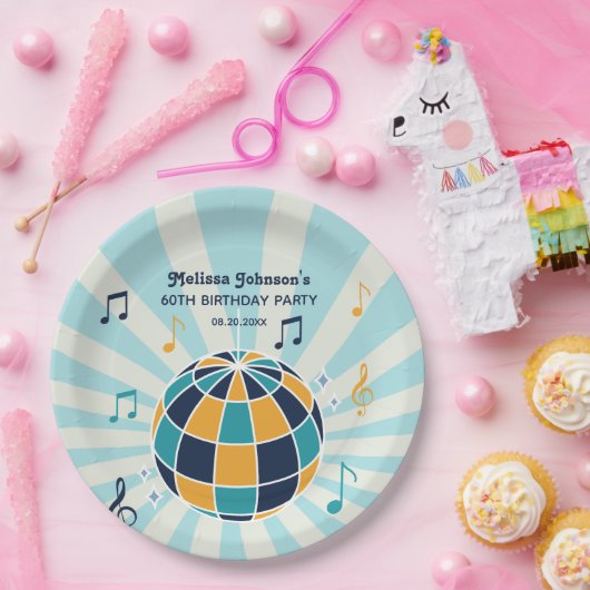 Retro Groovy Wave Disco Ball Musical Blauwe Verjaa Papieren Bordje (Feest)