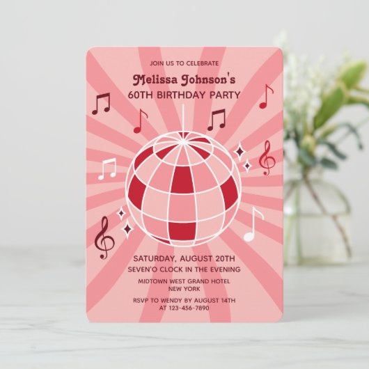 Retro Groovy Wave Disco Ball Musical Roze Verjaard Kaart (Staand voorkant)