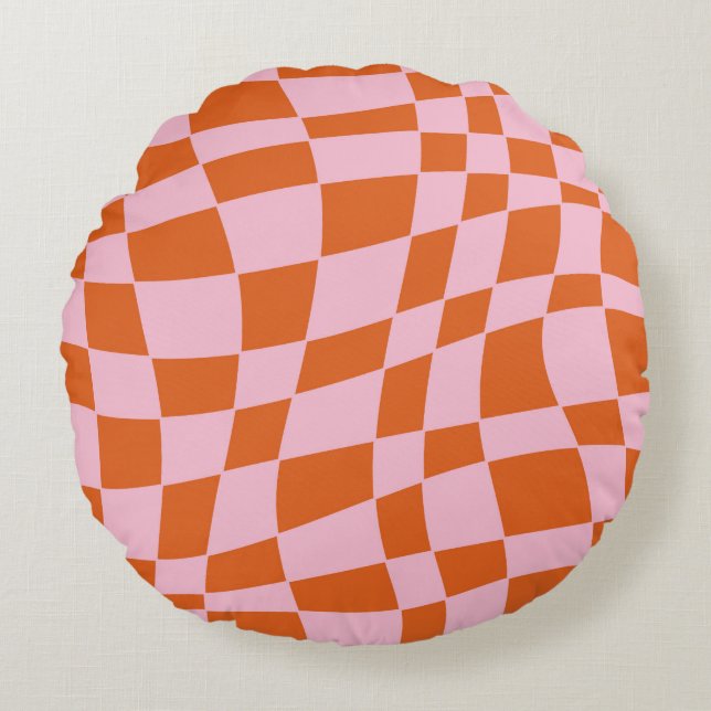 Retro Groovy Wavy Psychedelic Checkerboard Y Rond Kussen (Voorkant)