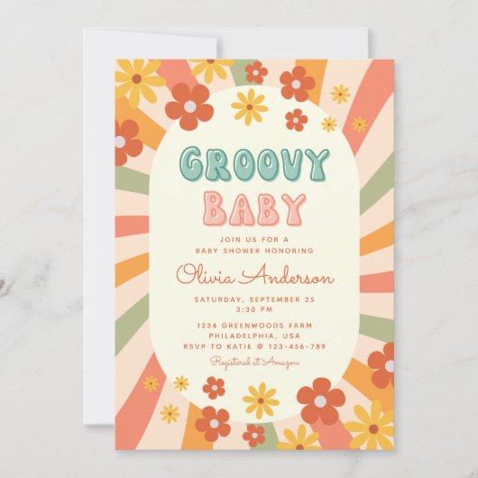 Retro Groovy Wavy Sunshine Flower Baby shower Kaart (Voorkant)