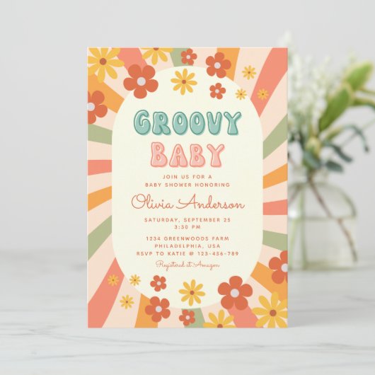 Retro Groovy Wavy Sunshine Flower Baby shower Kaart (Staand voorkant)