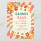 Retro Groovy Wavy Sunshine Flower Baby shower Kaart (Voorkant / Achterkant)