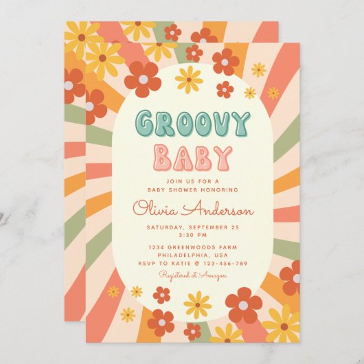 Retro Groovy Wavy Sunshine Flower Baby shower Kaart (Voorkant / Achterkant)
