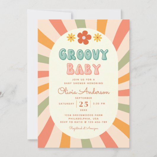 Retro Groovy Wavy Sunshine Flower Baby shower Kaart (Voorkant)