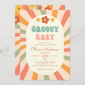 Retro Groovy Wavy Sunshine Flower Baby shower Kaart (Voorkant / Achterkant)