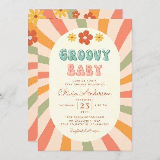 Retro Groovy Wavy Sunshine Flower Baby shower Kaart (Voorkant / Achterkant)