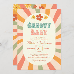 Retro Groovy Wavy Sunshine Flower Baby shower Kaart
