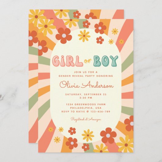 Retro Groovy Wavy Sunshine Flower Gender onthullin Kaart (Voorkant / Achterkant)