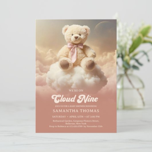 Retro groovy we zijn op cloud nine teddybeer roze kaart (Staand voorkant)