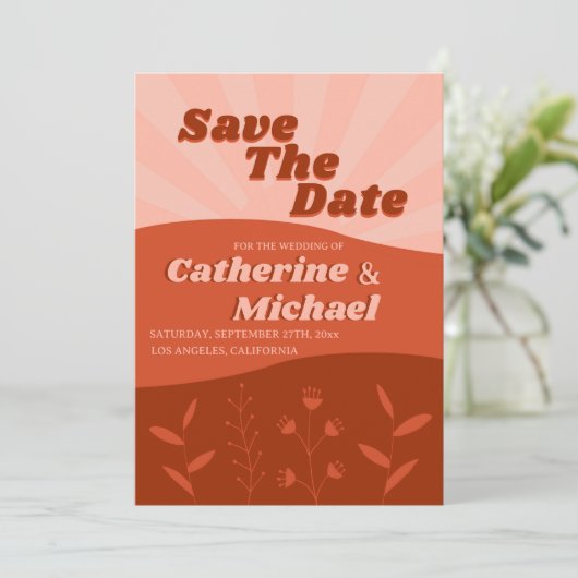 Retro Groovy Wildflower Terracotta & Oranje foto Save The Date (Staand voorkant)