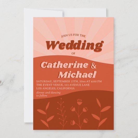 Retro Groovy Wildflower Terracotta Oranje Wedding Kaart (Voorkant)