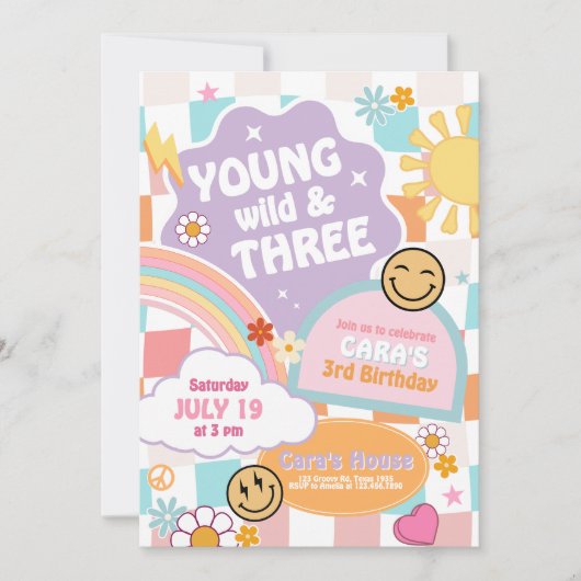 Retro Groovy Young Wild en drie verjaardagsfeestje Kaart (Voorkant)