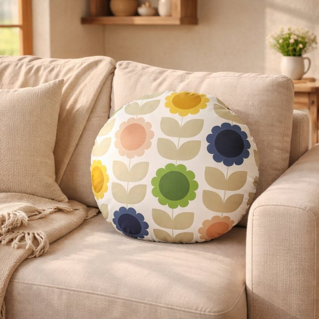 Retro Groovy Zomer Bloemen Stelen Rond Kussen (Creator heeft geüpload)