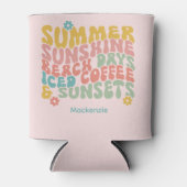 Retro Groovy Zomer Roze Monogram Naam Bagagelabel Blikjeskoeler (Voorkant)