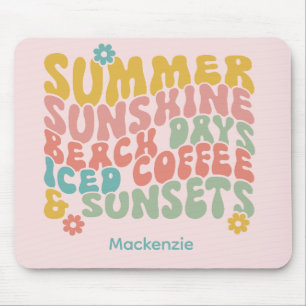 Retro Groovy Zomer Roze Monogram Naam Bagagelabel Muismat