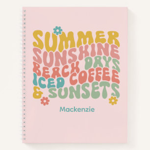 Retro Groovy Zomer Roze Monogram Naam Bagagelabel Notitieboek