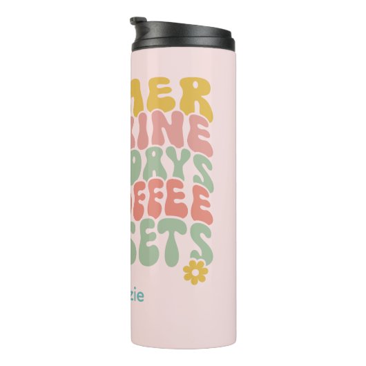 Retro Groovy Zomer Roze Monogram Naam Bagagelabel Thermosbeker (Geroteerd rechts)