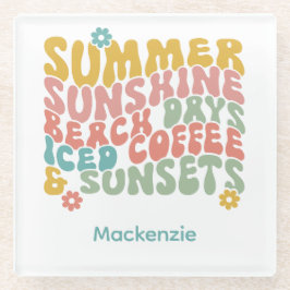 Retro Groovy Zomer Roze Monogram Naam Glazen Onderzetter