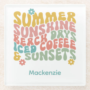 Retro Groovy Zomer Roze Monogram Naam Glazen Onderzetter