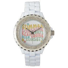 Retro Groovy Zomer Roze Monogram Naam Horloge