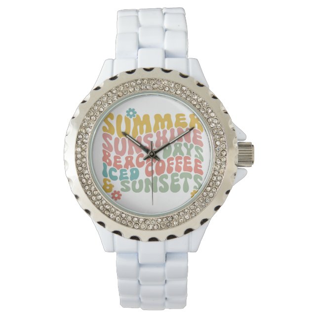 Retro Groovy Zomer Roze Monogram Naam Horloge (Voorkant)