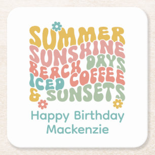 Retro Groovy Zomer Roze Monogram Naam Kartonnen Onderzetters