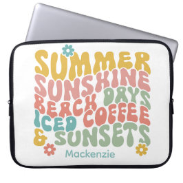 Retro Groovy Zomer Roze Monogram Naam Laptop Sleeve