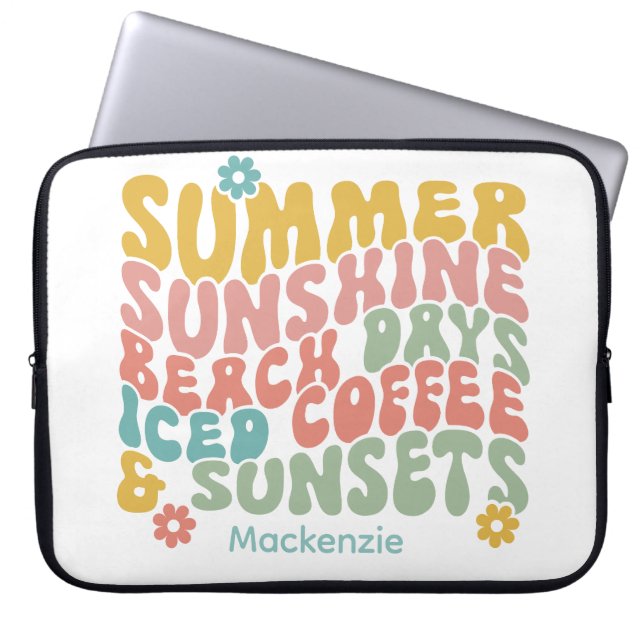 Retro Groovy Zomer Roze Monogram Naam Laptop Sleeve (Voorkant)