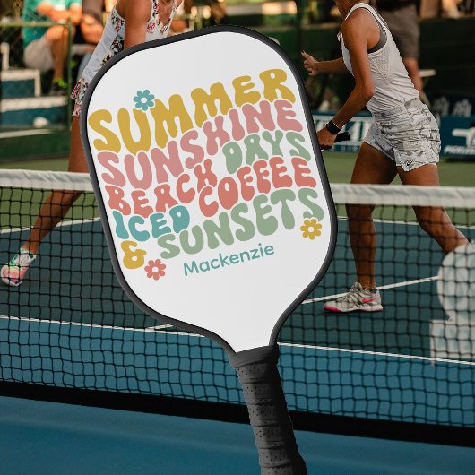Retro Groovy Zomer Roze Monogram Naam Pickleball Paddle