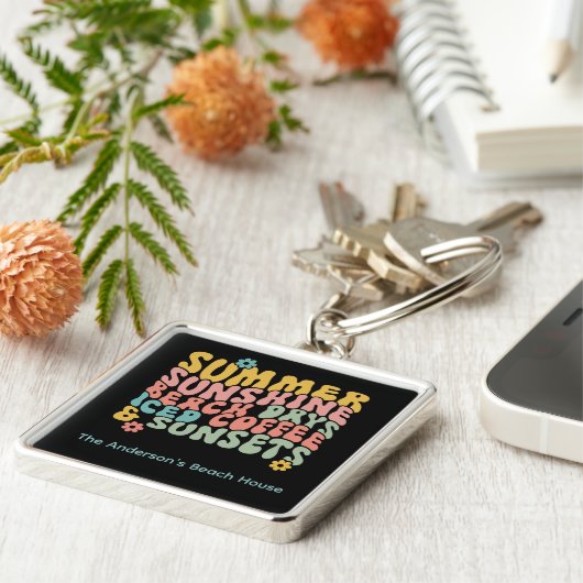 Retro Groovy Zomer Roze Monogram Naam Sleutelhanger (Zijkant)