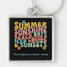 Retro Groovy Zomer Roze Monogram Naam Sleutelhanger