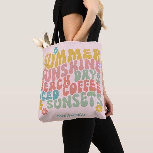 Retro Groovy Zomer Roze Monogram Naam Tote Bag (Dichtbij)
