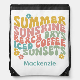 Retro Groovy Zomer Roze Monogram Naam Trekkoord Rugzakje