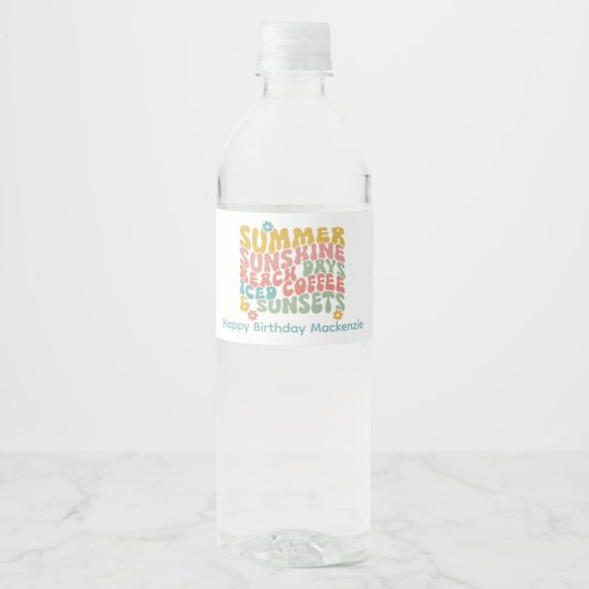 Retro Groovy Zomer Roze Monogram Naam Waterfles Etiket (Voorkant)
