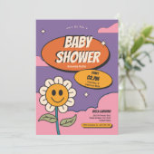 Retro Groovy Zonnebloem Baby shower Uitnodiging (Staand voorkant)