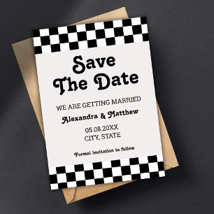 Retro Groovy zwart-wit geruit Save The Date