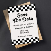 Retro Groovy zwart-wit geruit Save The Date