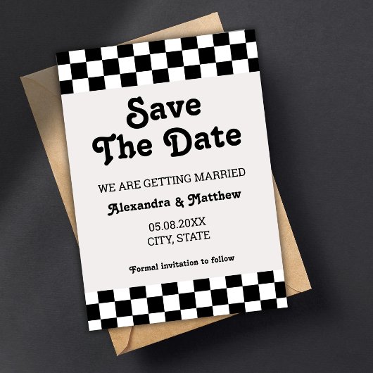 Retro Groovy zwart-wit geruit Save The Date