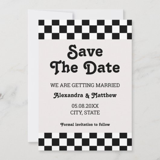 Retro Groovy zwart-wit geruit Save The Date (Voorkant)